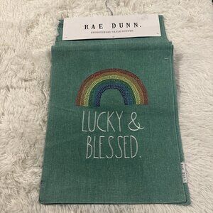 Rae Dunn Embroidered Table Runner Lucky & Blessed Green Rainbow 14 IN X 72 IN